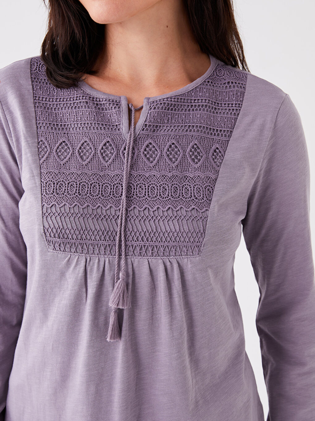 Tie Neck Embroidered Long Sleeve Women's Blouse-3