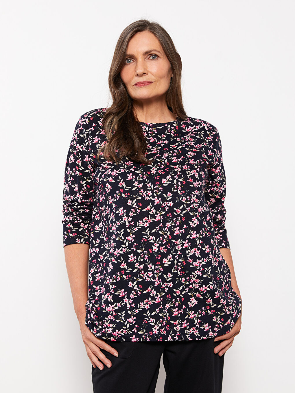 Lacivert Bisiklet Yaka Desenli Uzun Kollu Pamuklu Kadın Tişört-1