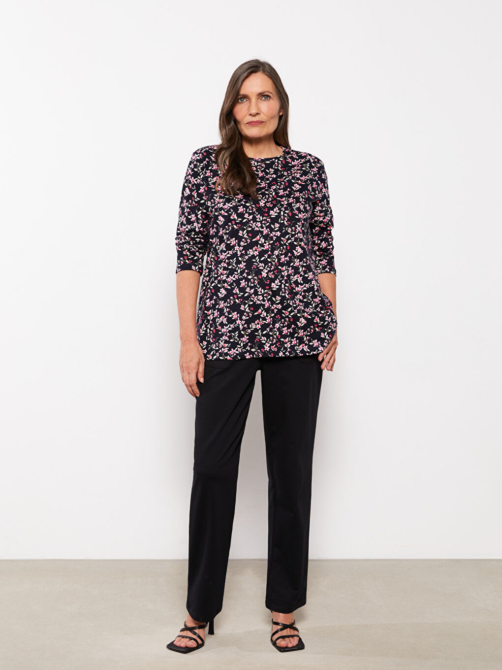 Lacivert Bisiklet Yaka Desenli Uzun Kollu Pamuklu Kadın Tişört-2