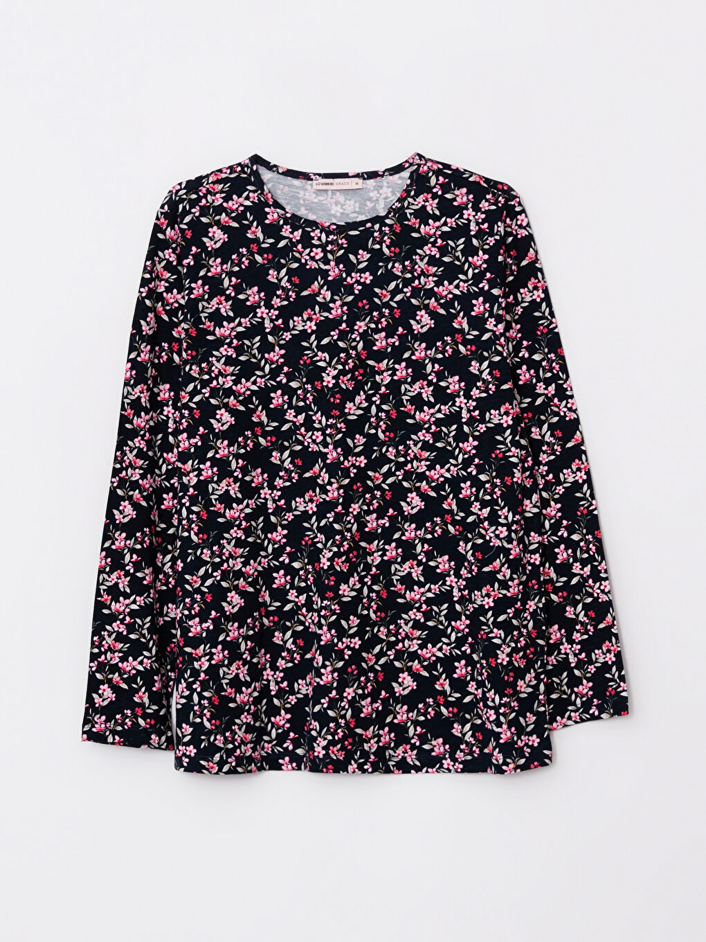 Lacivert Bisiklet Yaka Desenli Uzun Kollu Pamuklu Kadın Tişört-5