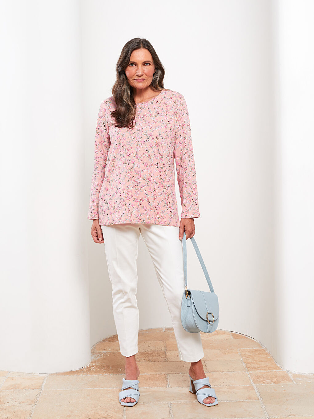 Футболка с круглым вырезом, с принтом, с длинным рукавом, хлопковая, для женщин