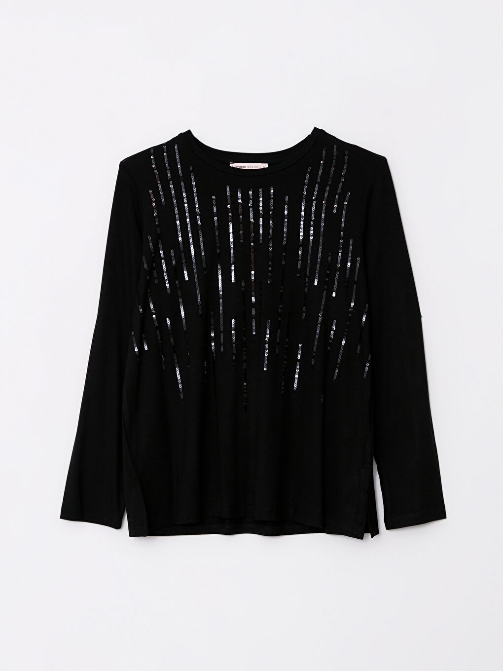 Siyah Bisiklet Yaka Pul Payet İşlemeli Uzun Kollu Kadın Bluz-4