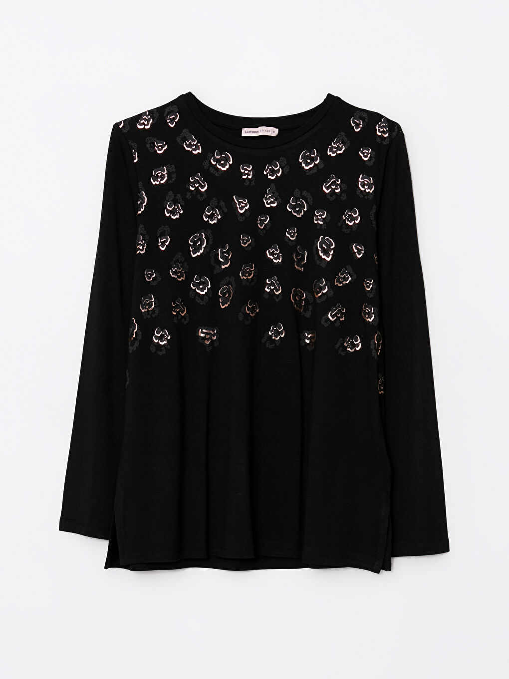 Siyah Bisiklet Yaka Baskılı Uzun Kollu Kadın Bluz-5