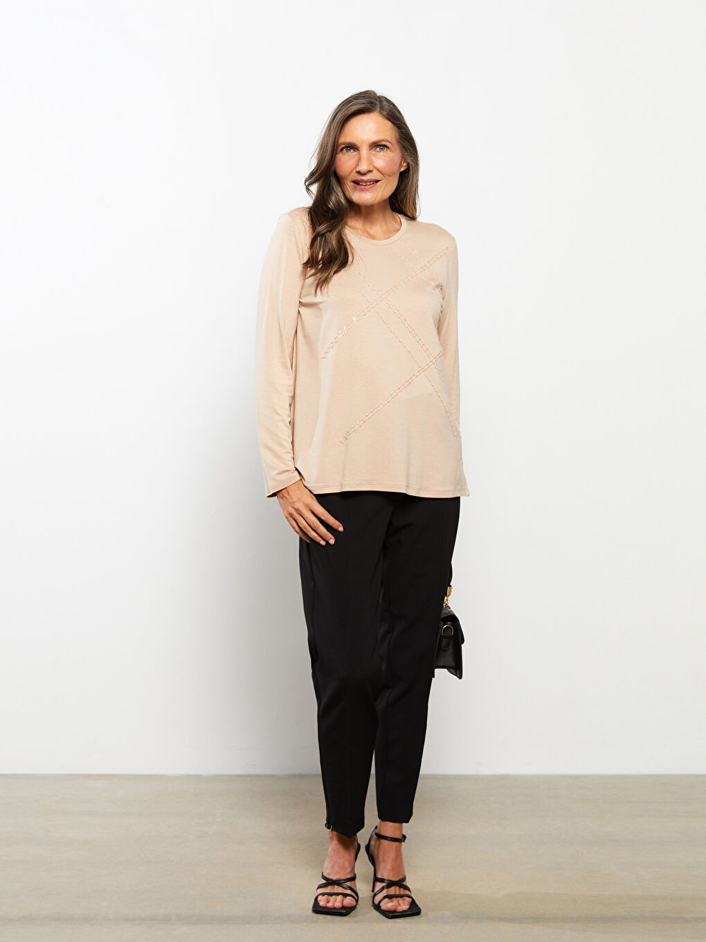 Crew Neck Sequined Long Sleeve Women's Blouse