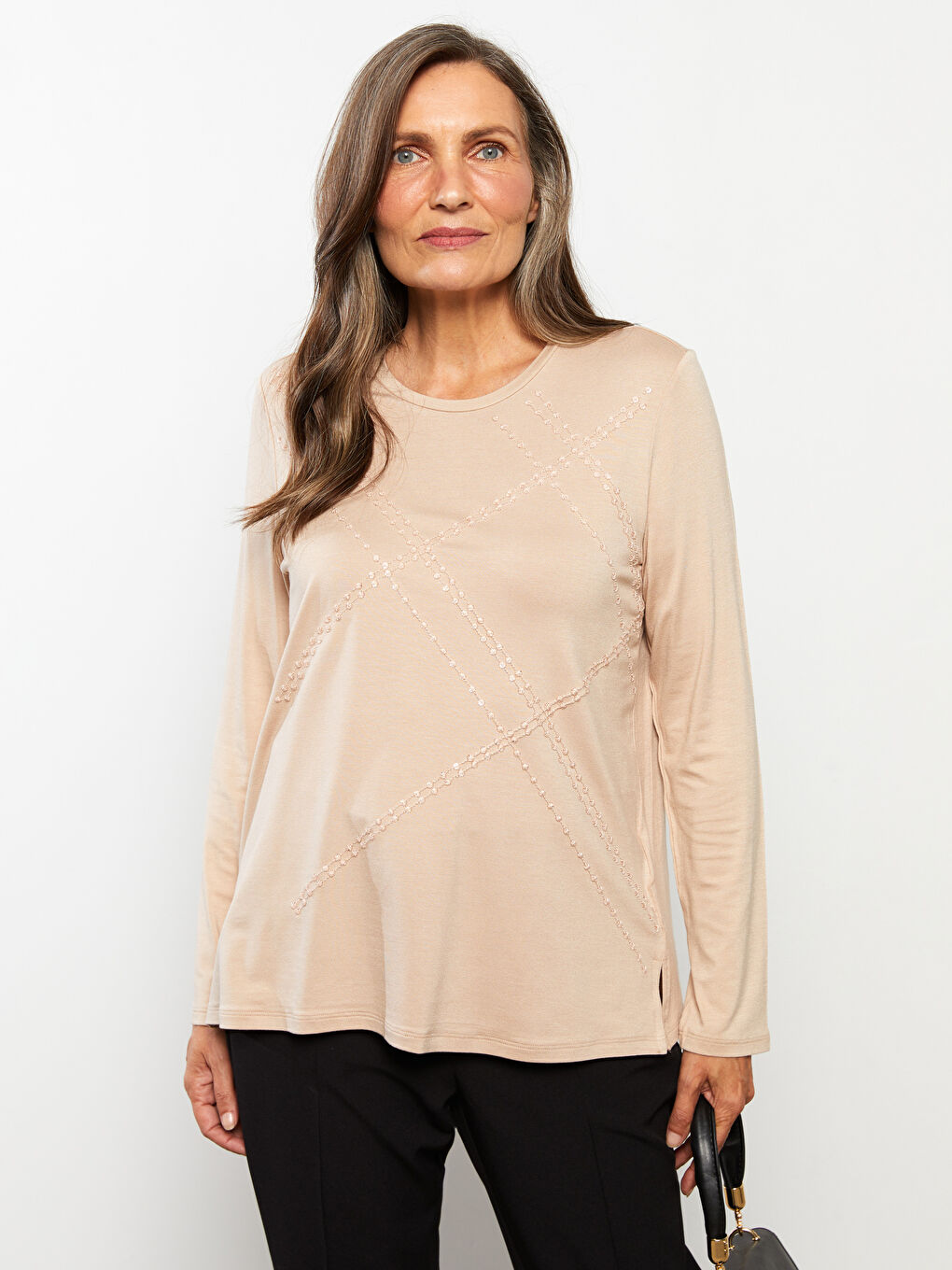 Crew Neck Sequined Long Sleeve Women's Blouse-2