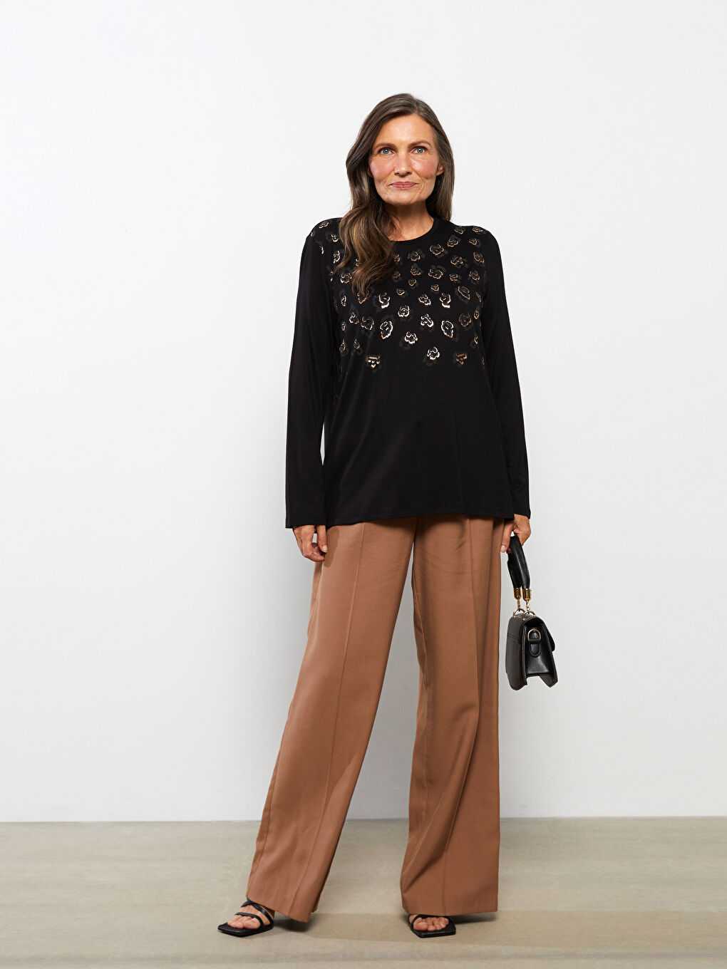 Siyah Bisiklet Yaka Baskılı Uzun Kollu Kadın Bluz