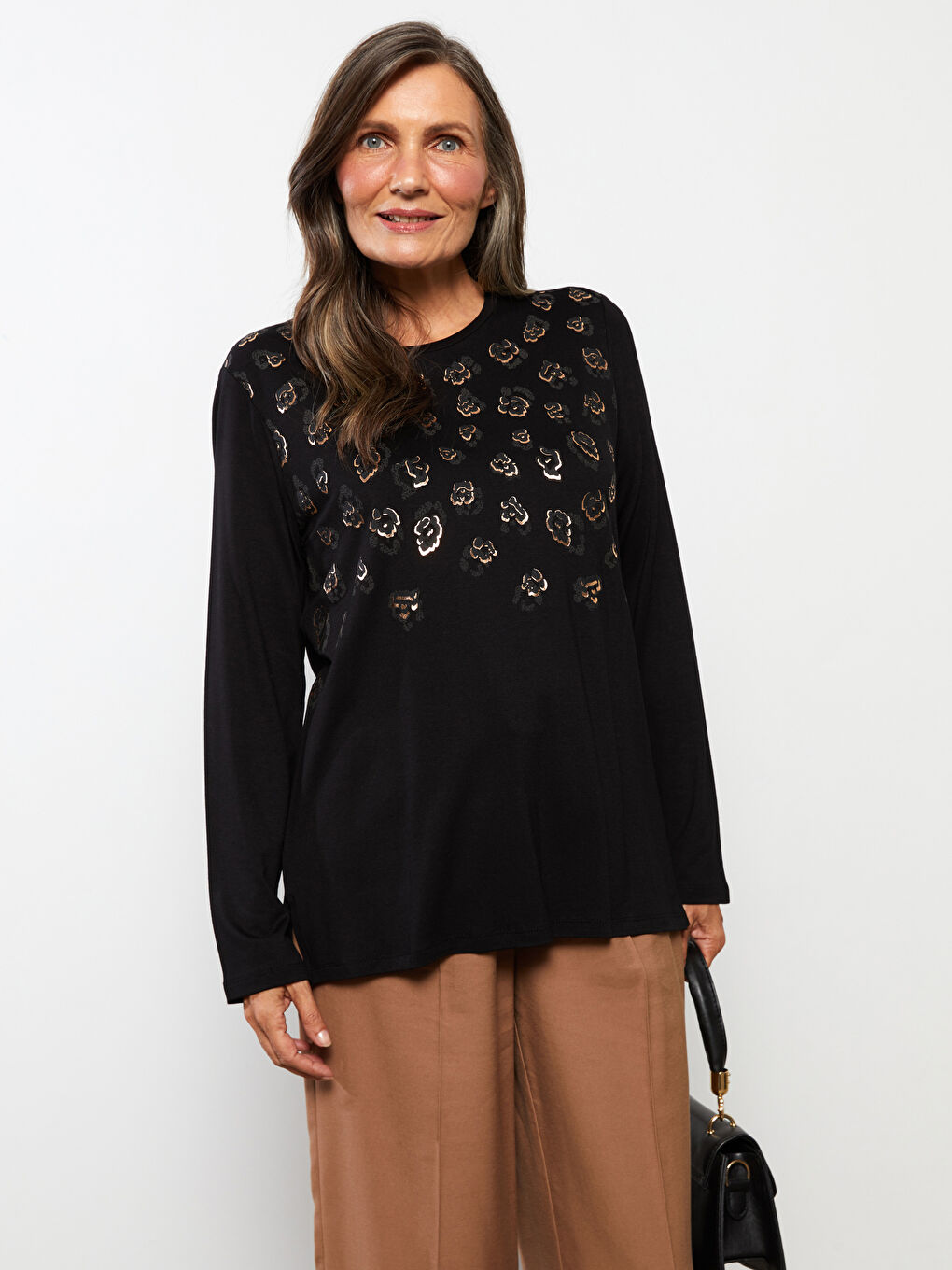 Siyah Bisiklet Yaka Baskılı Uzun Kollu Kadın Bluz-2