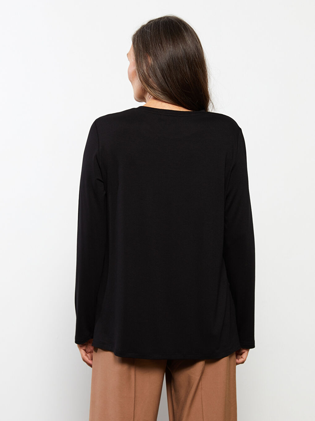 Siyah Bisiklet Yaka Baskılı Uzun Kollu Kadın Bluz-4