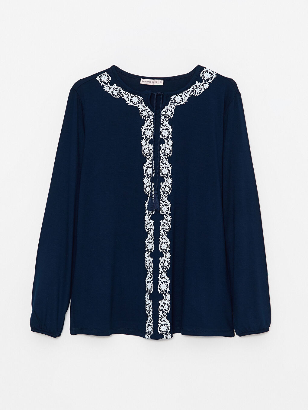 Lacivert Bağlamalı Yaka Nakışlı Uzun Kollu Kadın Tişört-5