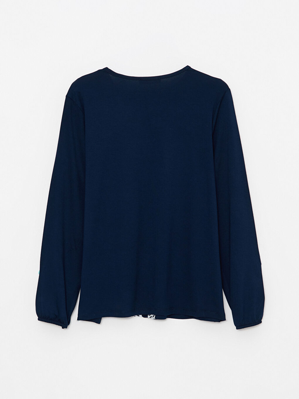 Lacivert Bağlamalı Yaka Nakışlı Uzun Kollu Kadın Tişört-6