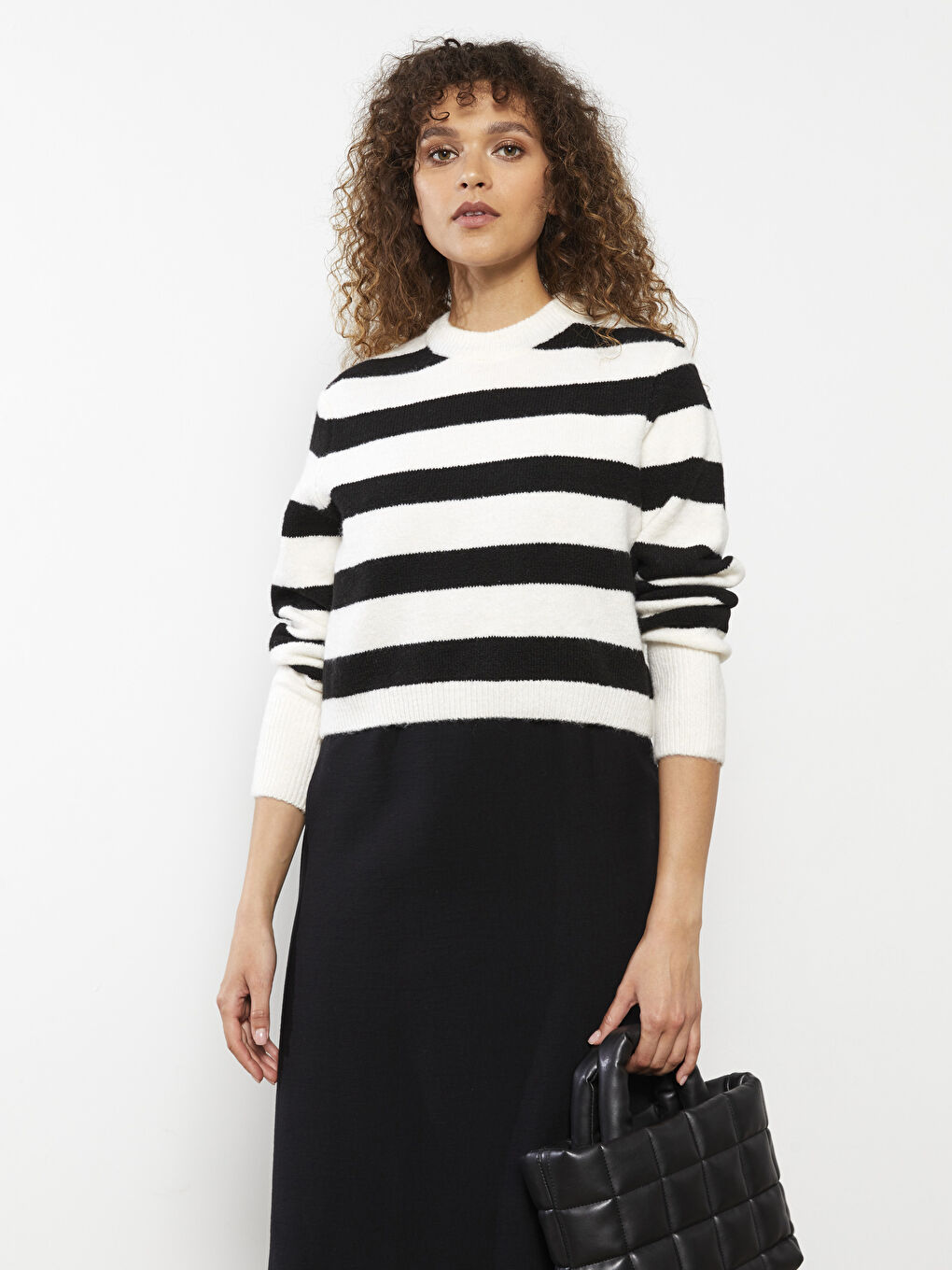 Свитер из трикотажа с воротником-труба, полосатый, с длинным рукавом, кроп для женщин-1