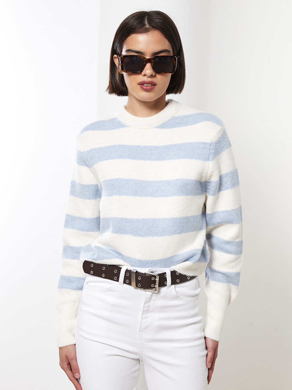 Stand Up Collar Striped Long Sleeve Crop Women's Knitwear Sweater-1
