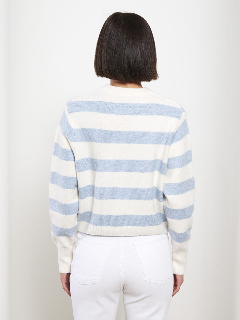 Stand Up Collar Striped Long Sleeve Crop Women's Knitwear Sweater-3