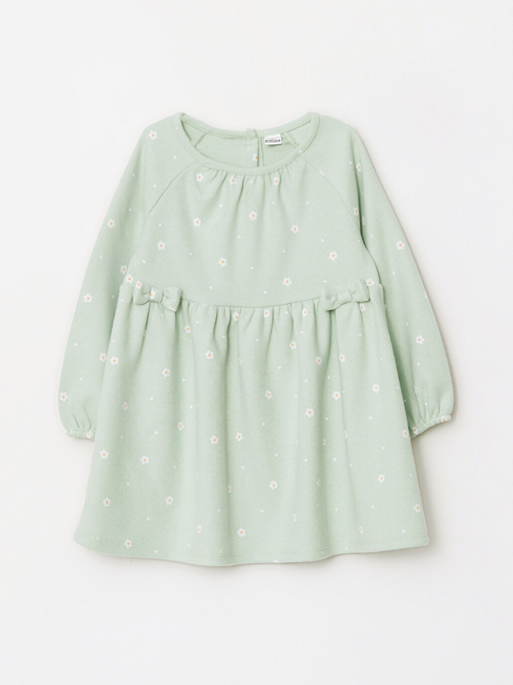 Yeşil Bisiklet Yaka Uzun Kollu Desenli Kız Bebek Elbise