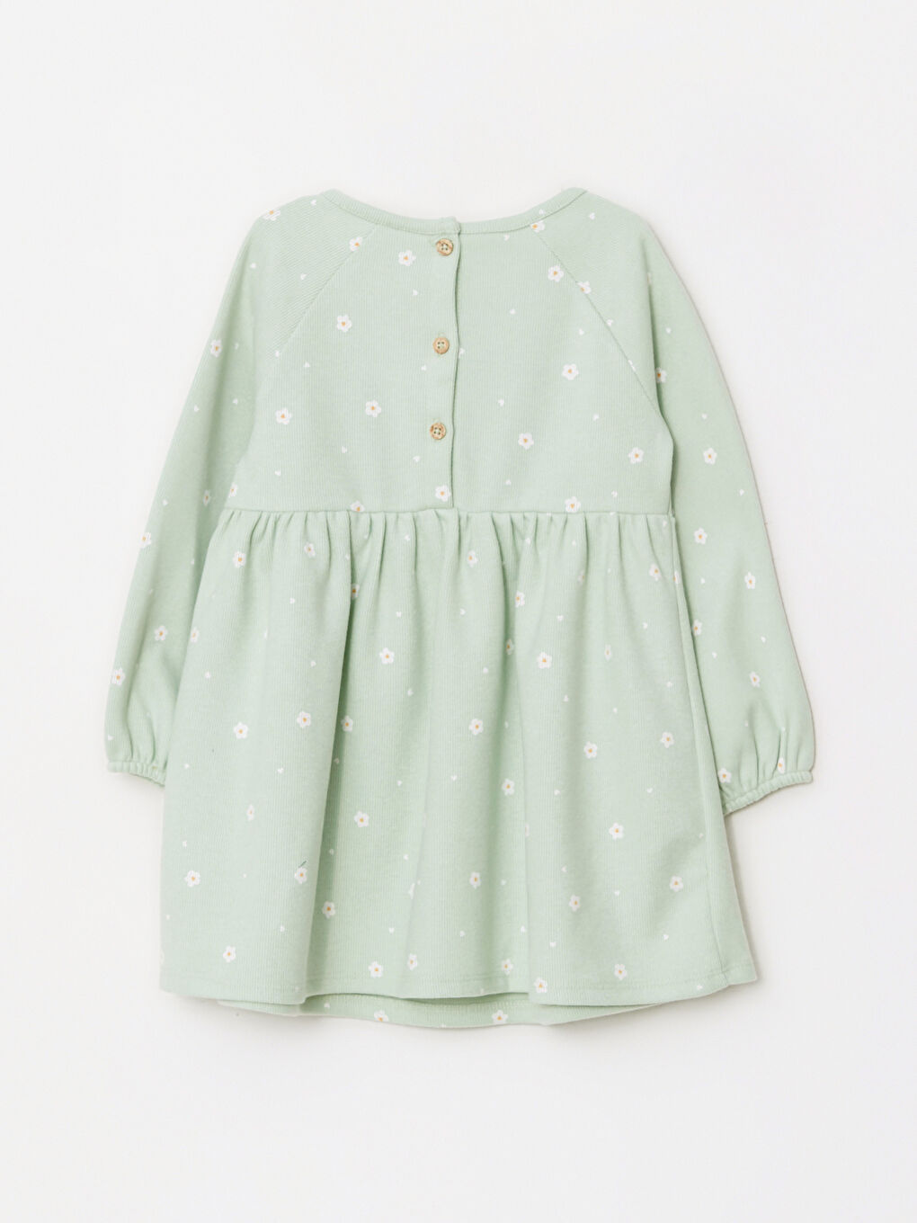 Yeşil Bisiklet Yaka Uzun Kollu Desenli Kız Bebek Elbise-1