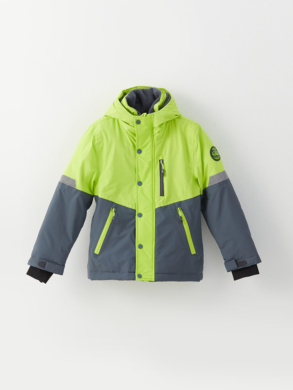 Yeşil Kapüşonlu Renk Bloklu Erkek Çocuk Kayak Montu-2