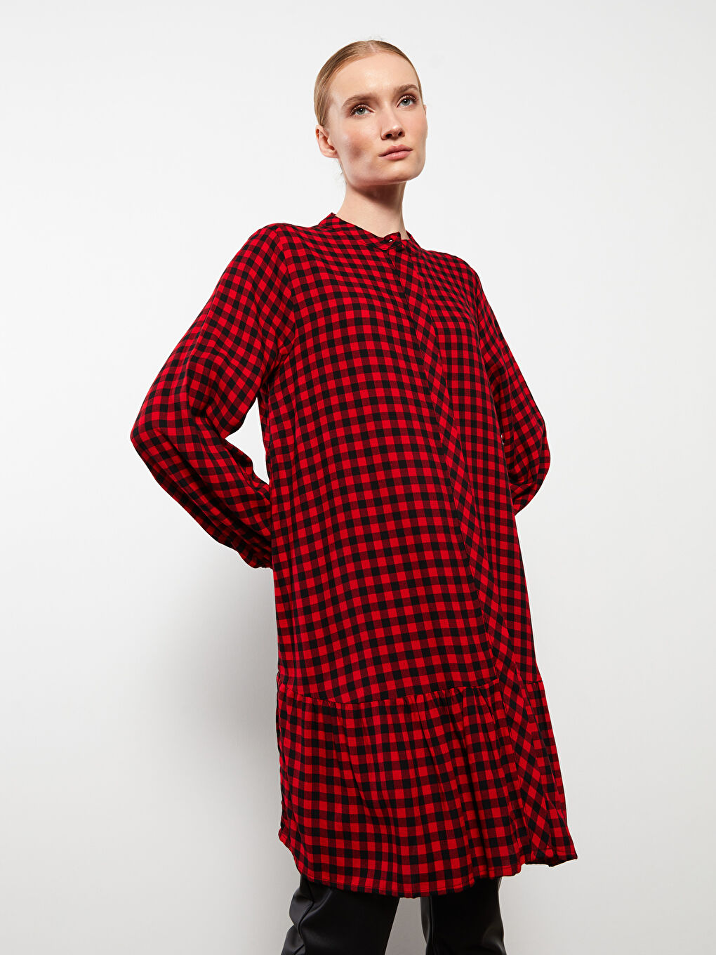 Kırmızı Bisiklet Yaka Ekose Uzun Kollu Kadın Tunik-1