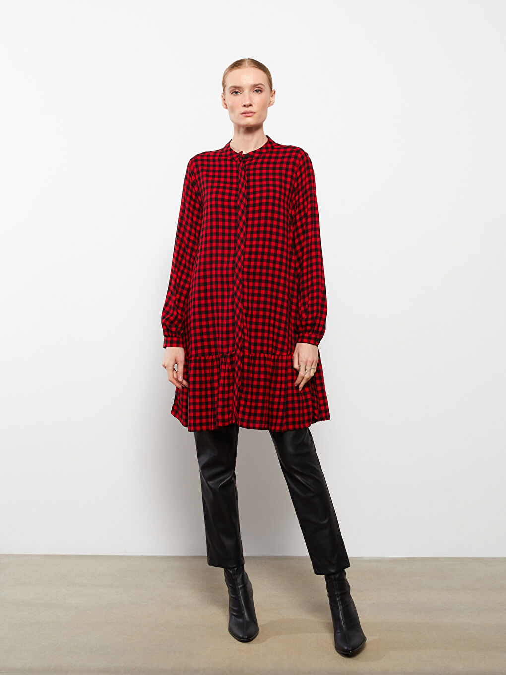 Kırmızı Bisiklet Yaka Ekose Uzun Kollu Kadın Tunik-2
