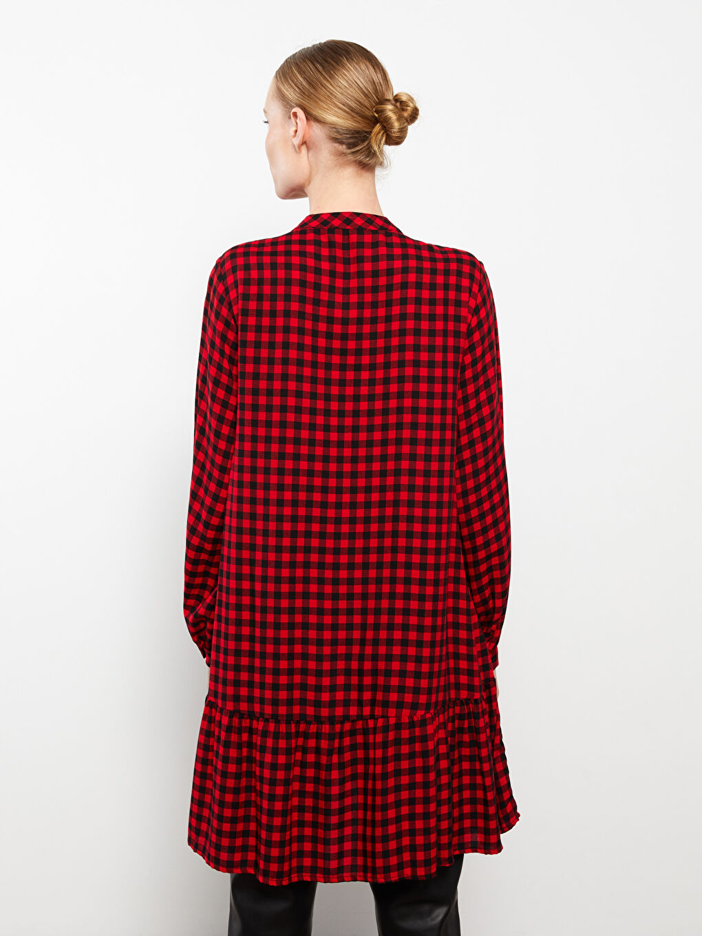 Kırmızı Bisiklet Yaka Ekose Uzun Kollu Kadın Tunik-4