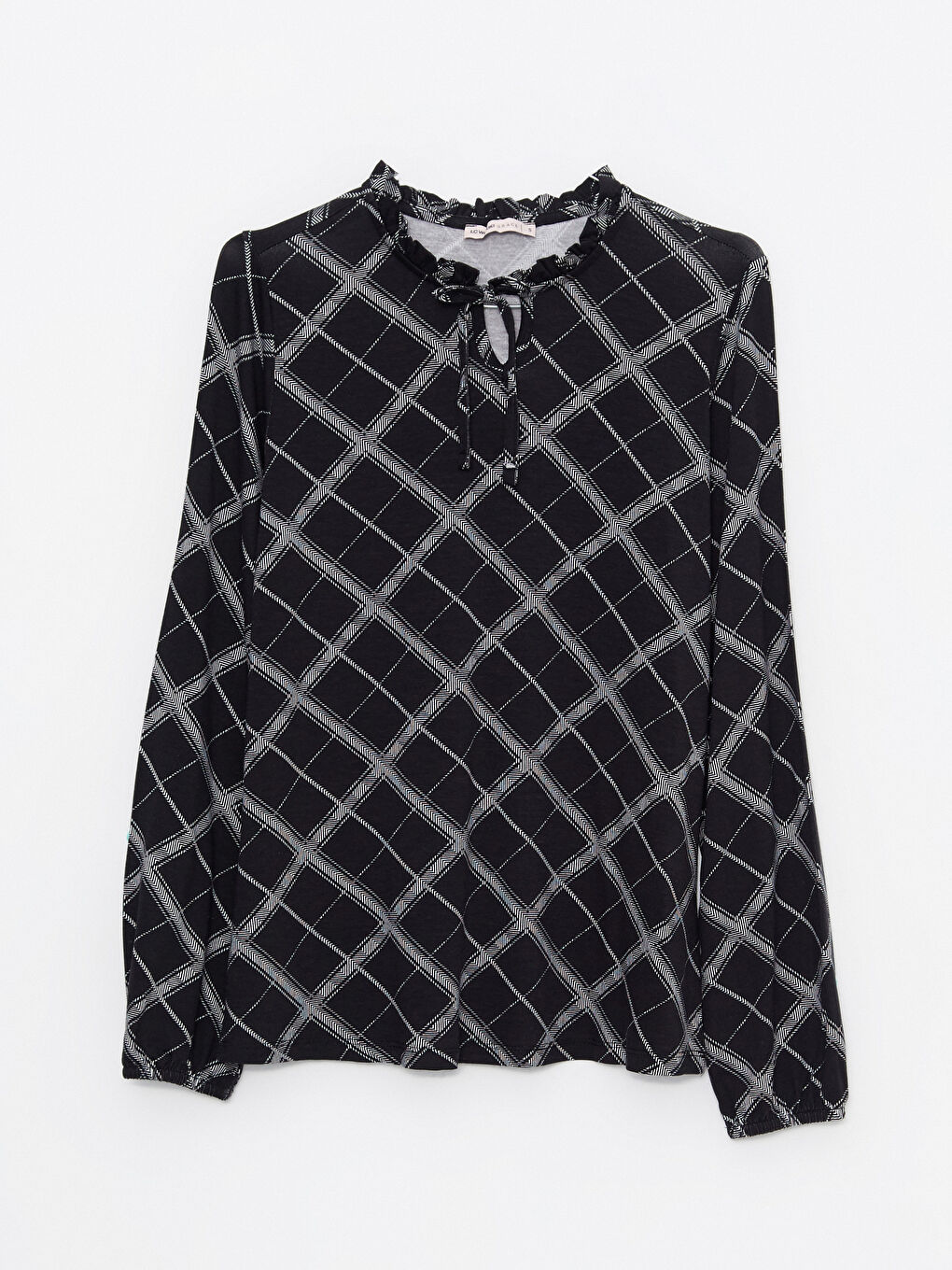 Tie Neck Patterned Long Sleeve Women's T-shirt-5
