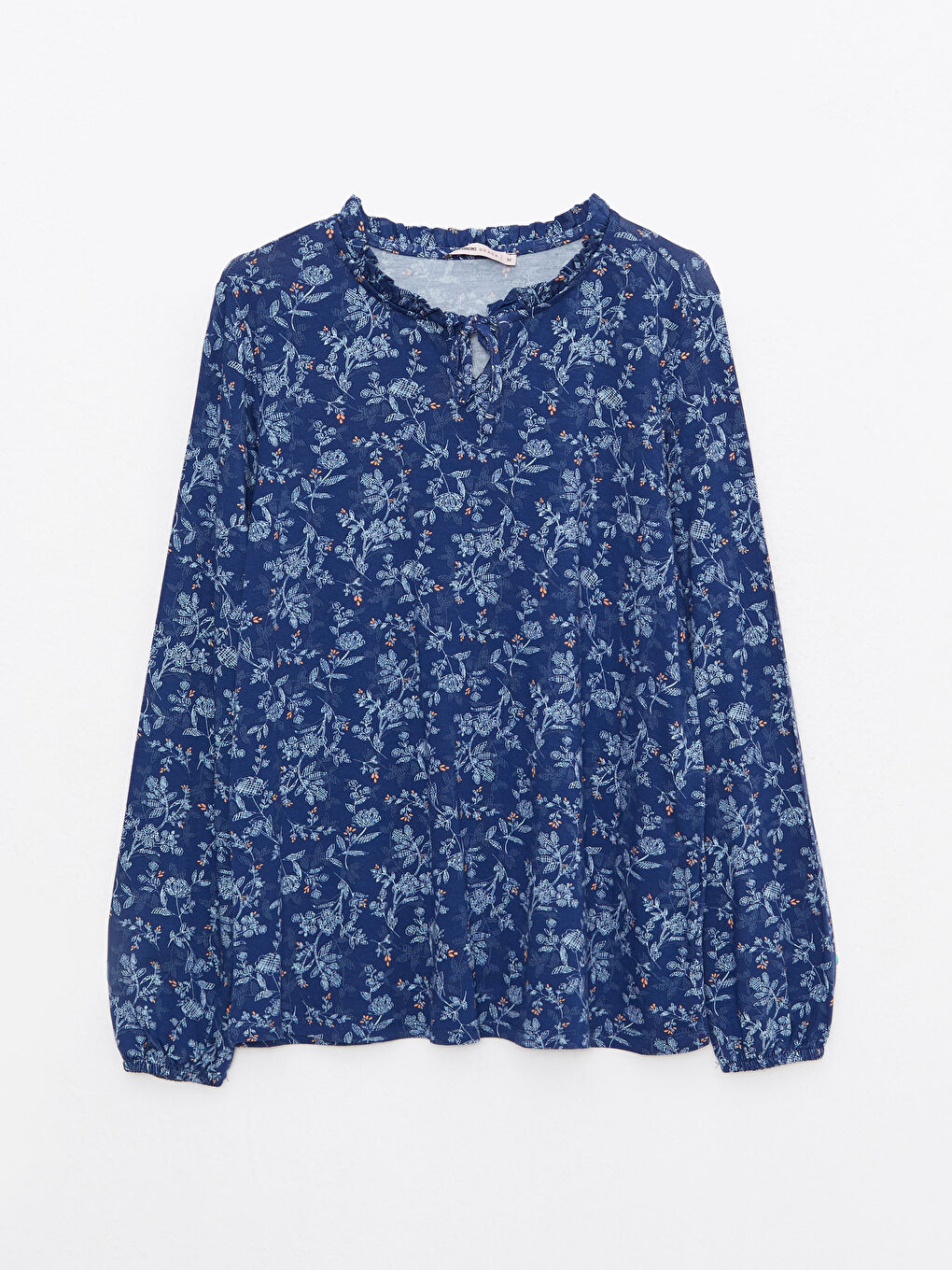 Lacivert Bağlamalı Yaka Çiçekli Uzun Kollu Kadın Tişört-5