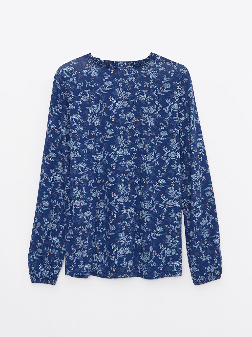 Lacivert Bağlamalı Yaka Çiçekli Uzun Kollu Kadın Tişört-6