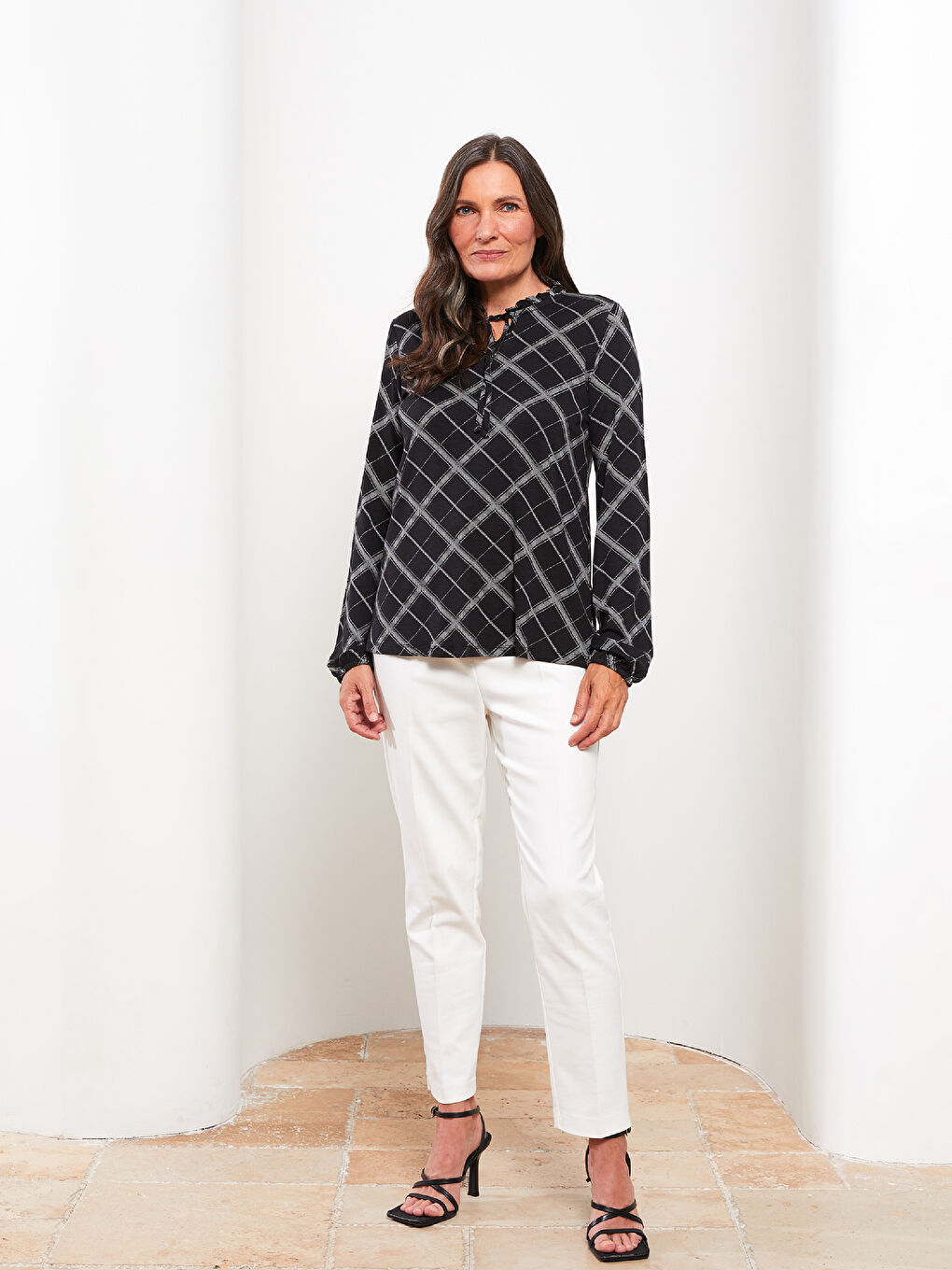 Tie Neck Patterned Long Sleeve Women's T-shirt-1