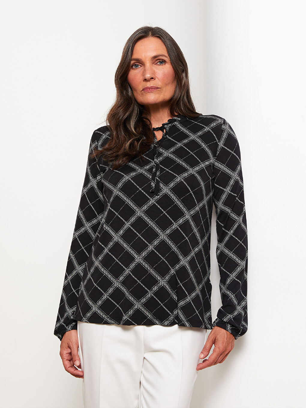 Tie Neck Patterned Long Sleeve Women's T-shirt-2