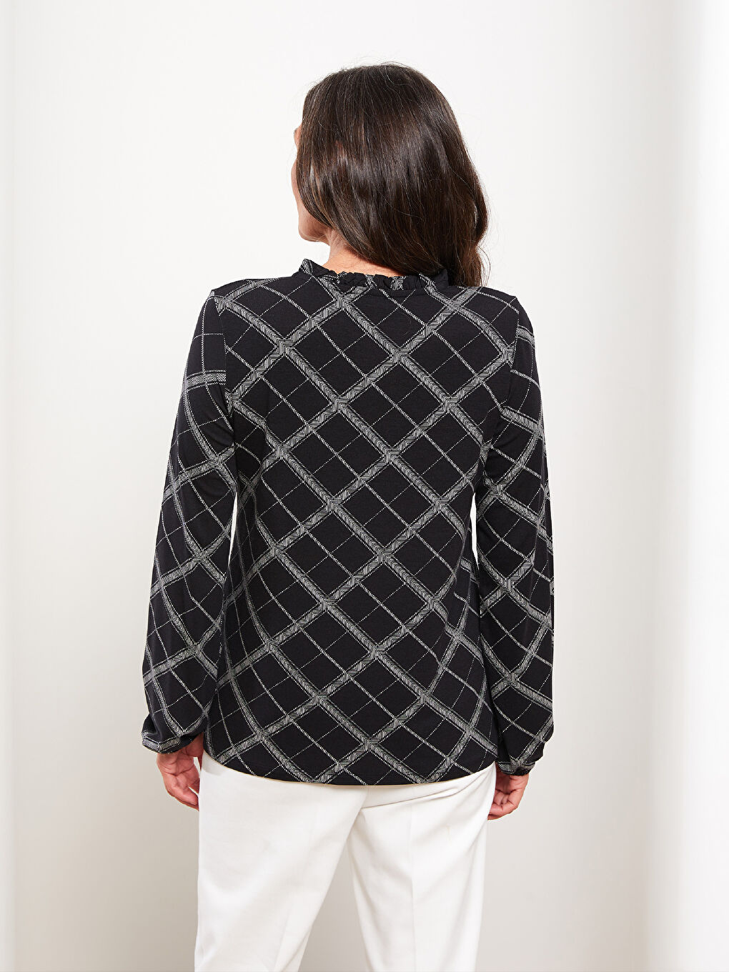 Tie Neck Patterned Long Sleeve Women's T-shirt-4