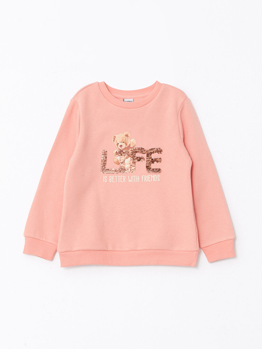 LCW Kids Bisiklet Yaka Baskılı Çift Yönlü Payetli Uzun Kollu Kız Çocuk Sweatshirt -W25121Z4-GCL