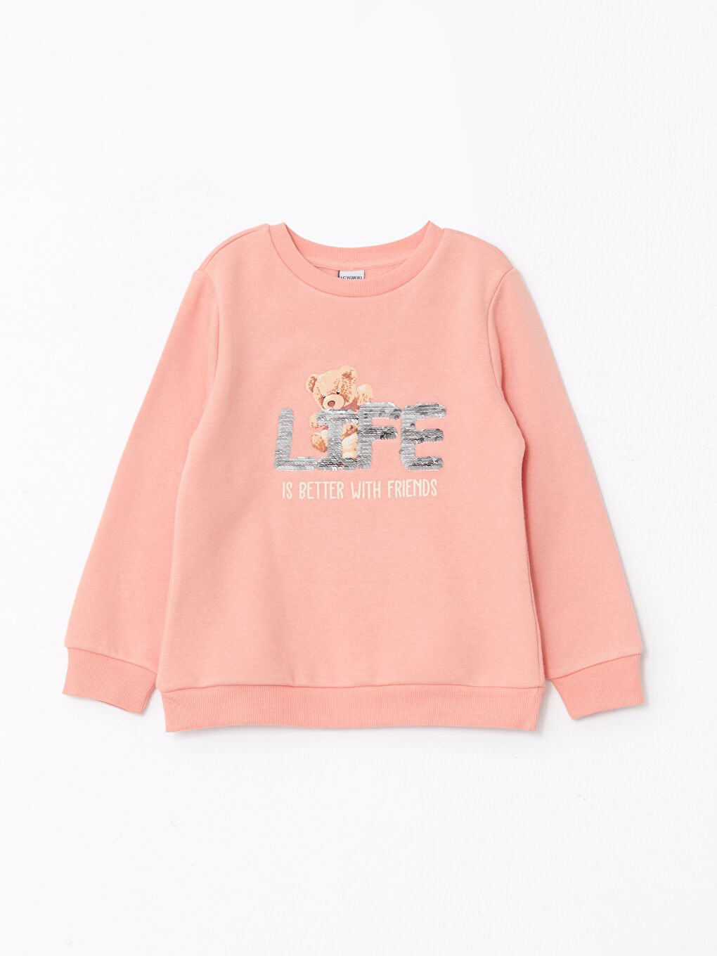 LCW Kids Bisiklet Yaka Baskılı Çift Yönlü Payetli Uzun Kollu Kız Çocuk Sweatshirt -W25121Z4-GCL