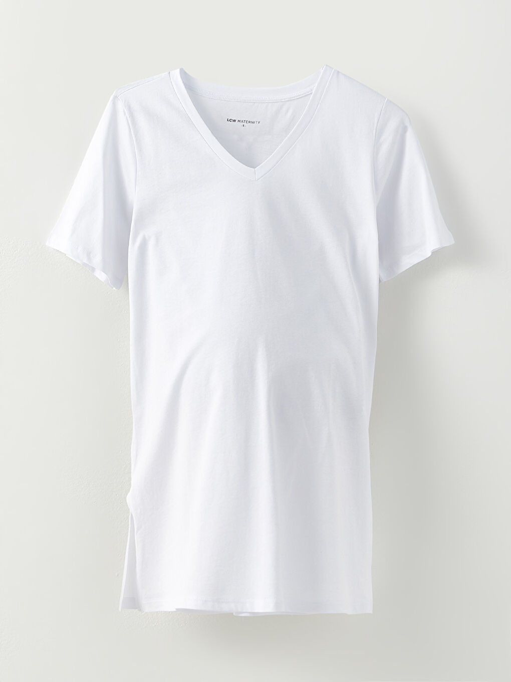 Beyaz V Yaka Düz Kısa Kollu Pamuklu Hamile Tişört-5