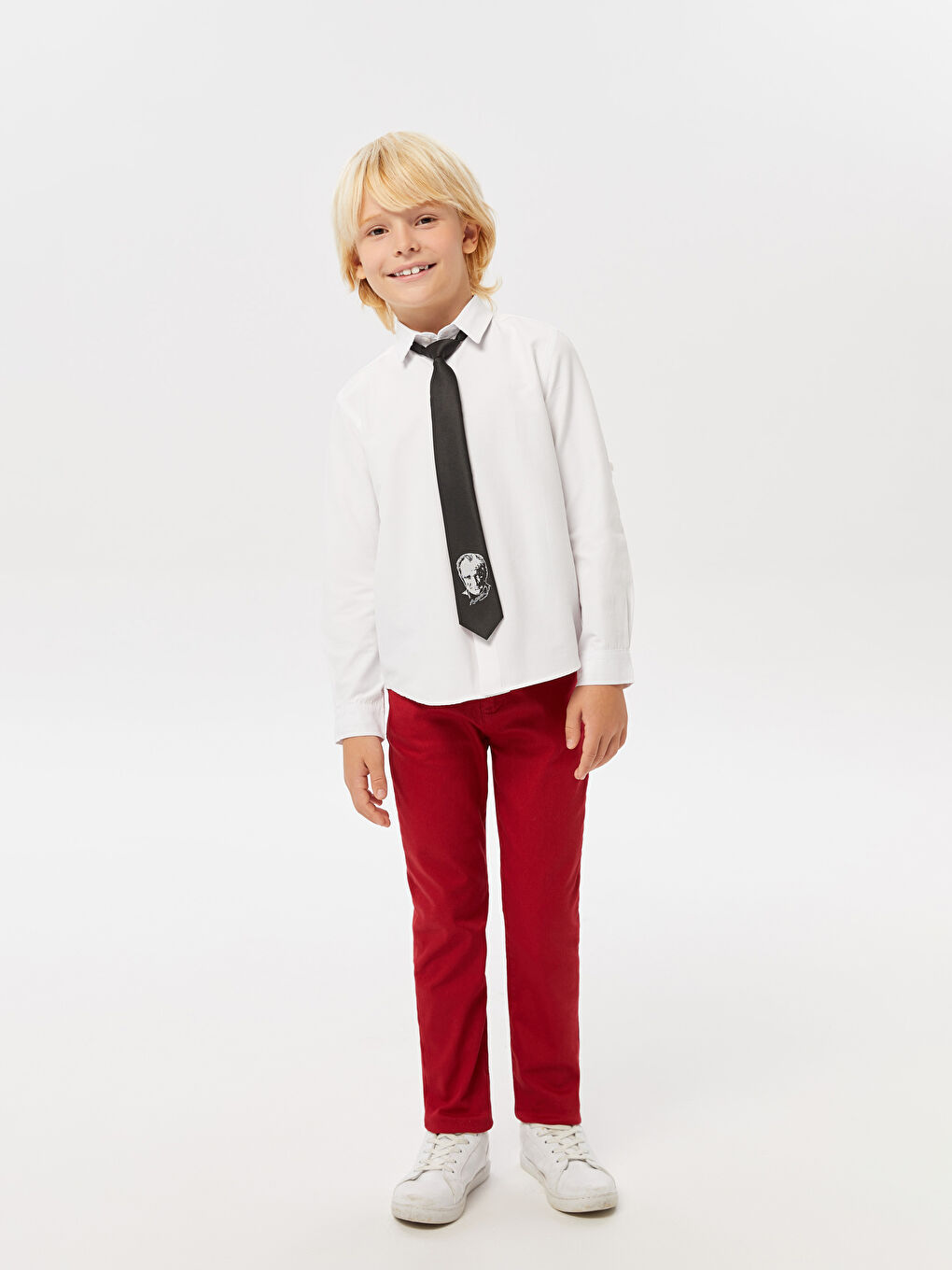 Beyaz Uzun Kollu Poplin Erkek Çocuk Gömlek ve Atatürk Baskılı Kravat-2