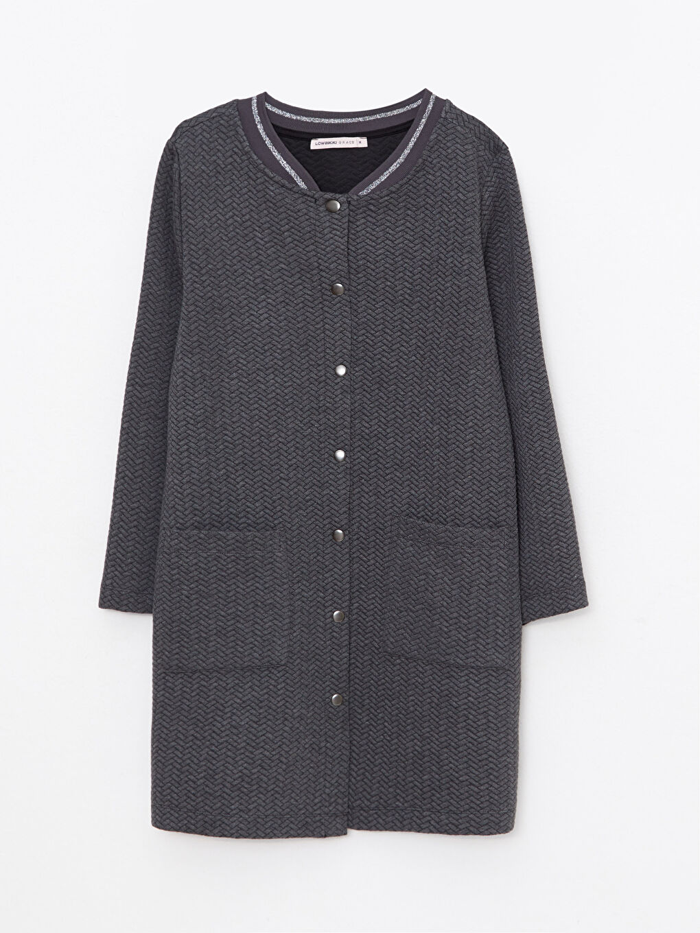 Antrasit Kolej Yaka Kendinden Desenli Uzun Kollu Kadın Hırka-5