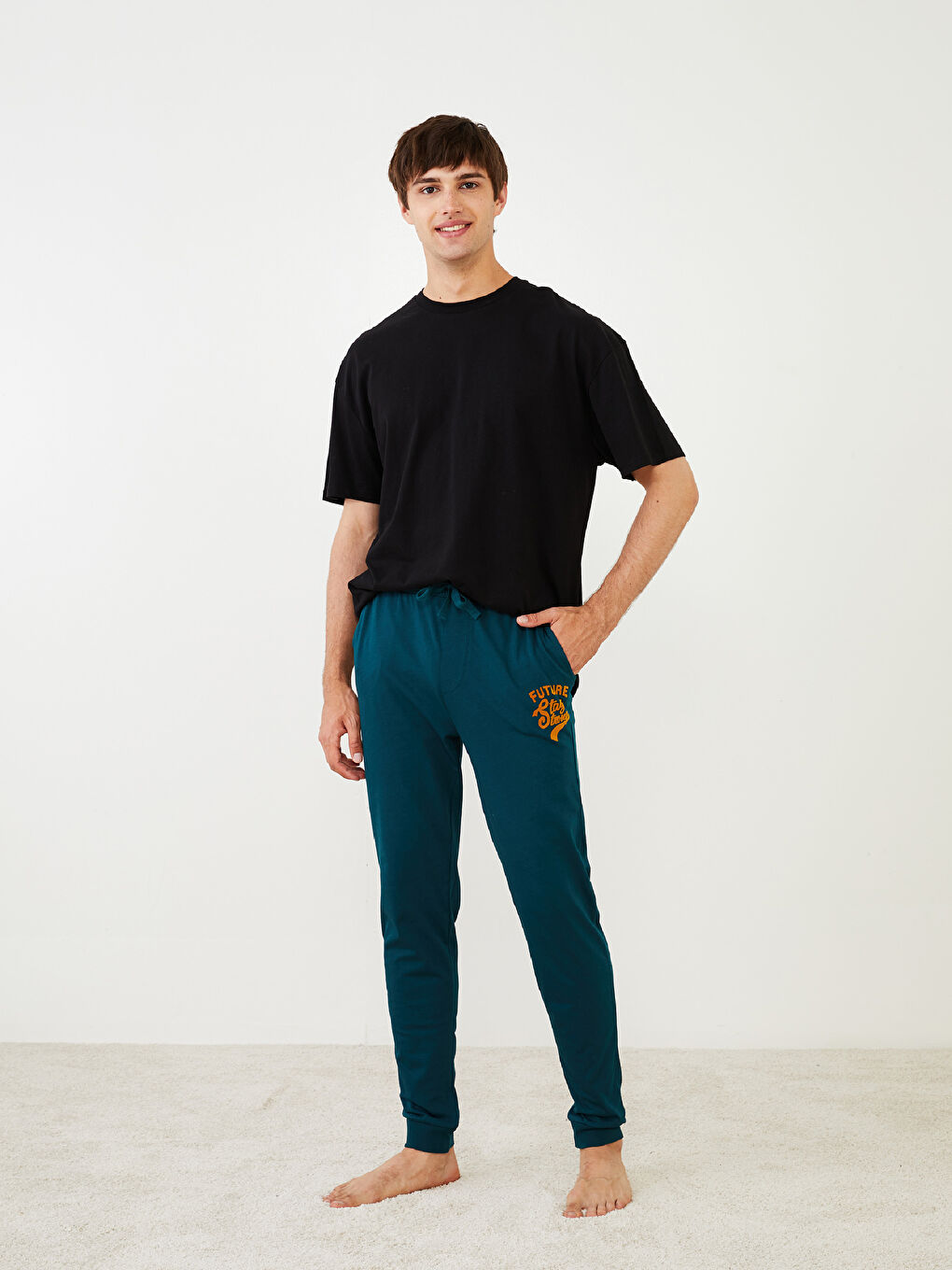 Petrol Slim Fit Baskılı Erkek Pijama Altı