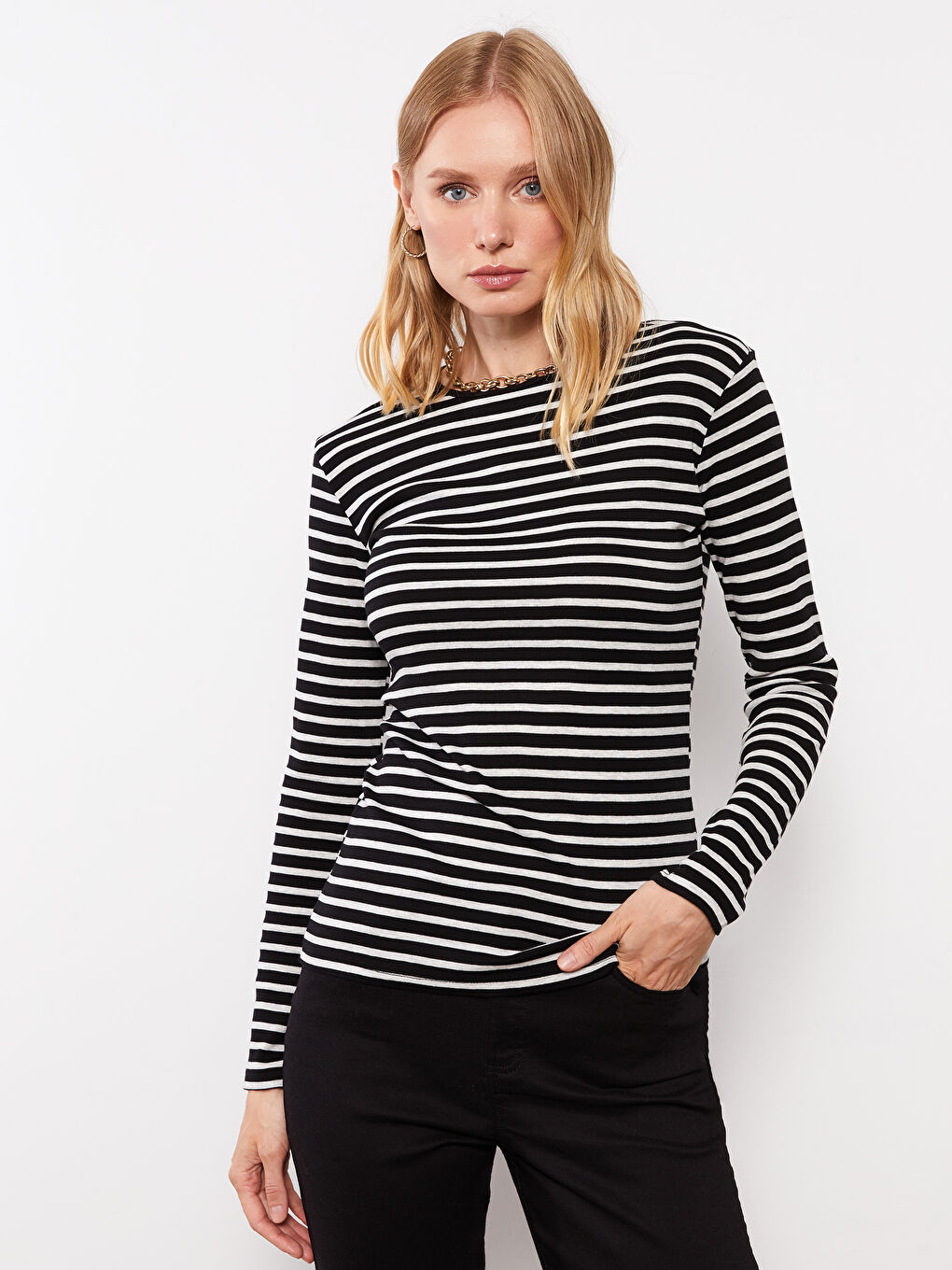 LCWAIKIKI Basic Crew Neck Striped Long Sleeve Women's Body -W25238Z8-LEG