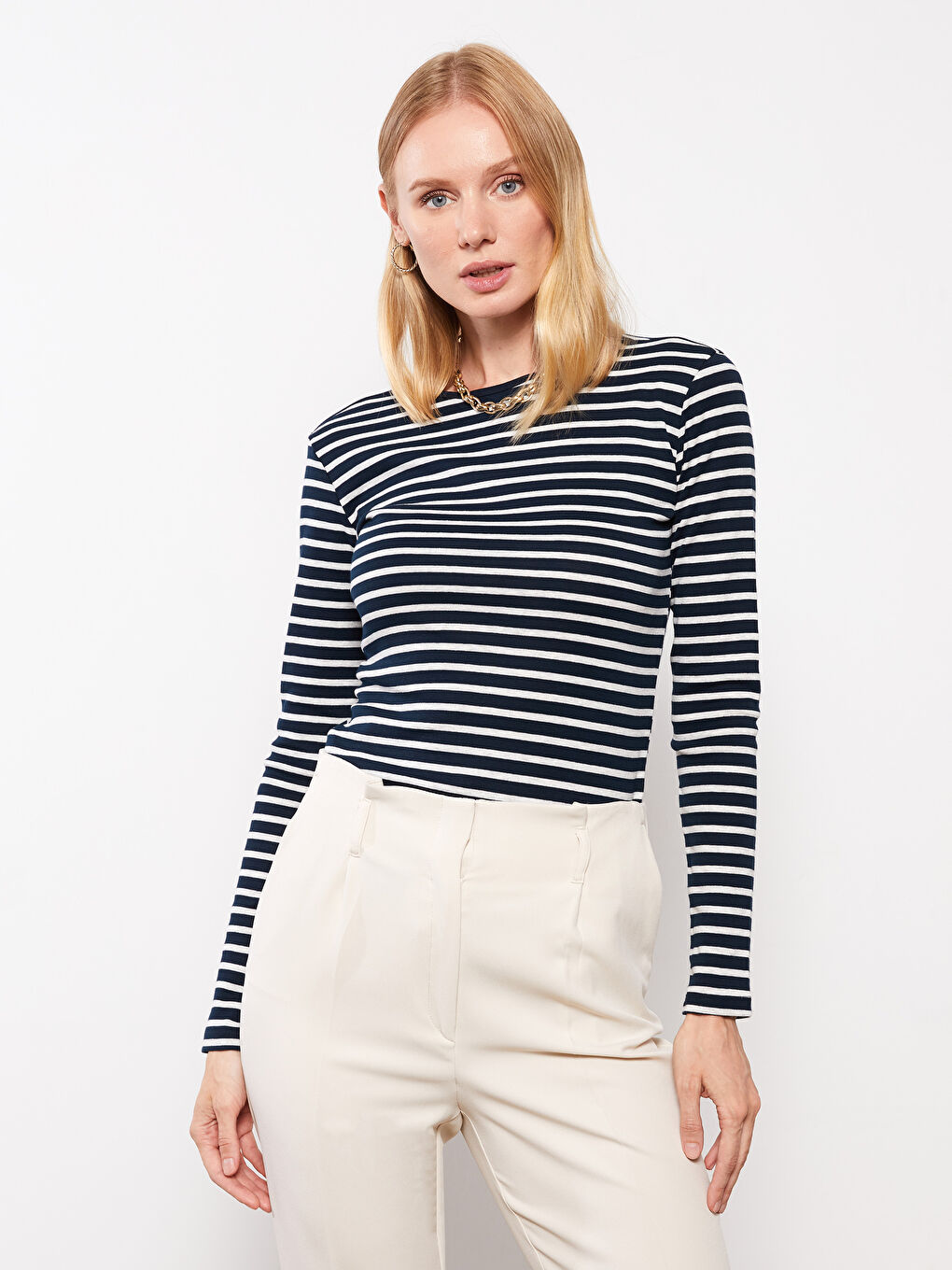 Crew Neck Striped Long Sleeve Women's Body-1