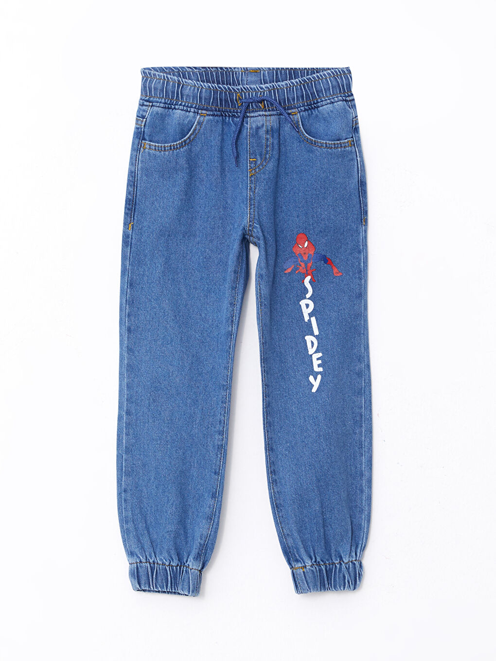 İndigo Beli Lastikli Spiderman Baskılı Erkek Çocuk Jogger Jean Pantolon