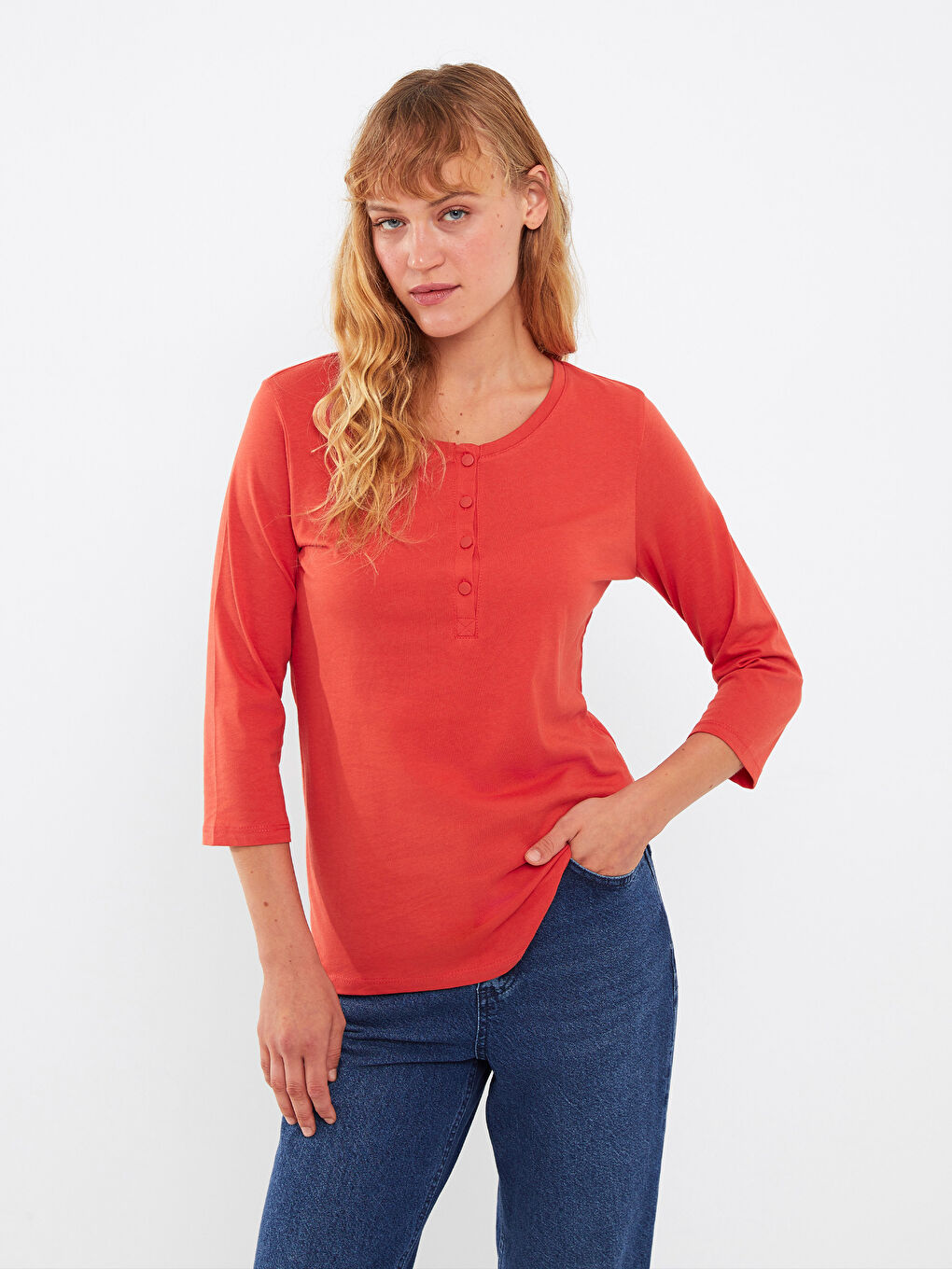 Turuncu Bisiklet Yaka Düz Pamuklu Kadın Tişört