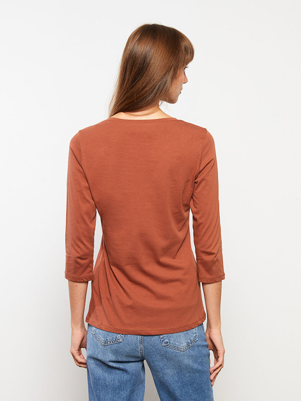 Kahverengi Bisiklet Yaka Düz Pamuklu Kadın Tişört-4