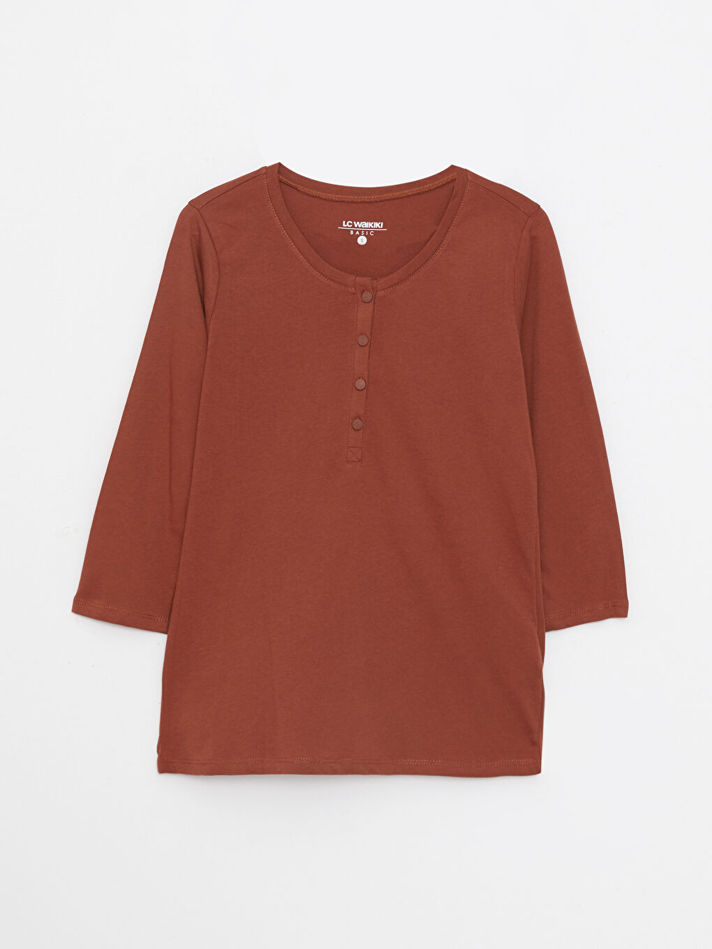 Kahverengi Bisiklet Yaka Düz Pamuklu Kadın Tişört-5