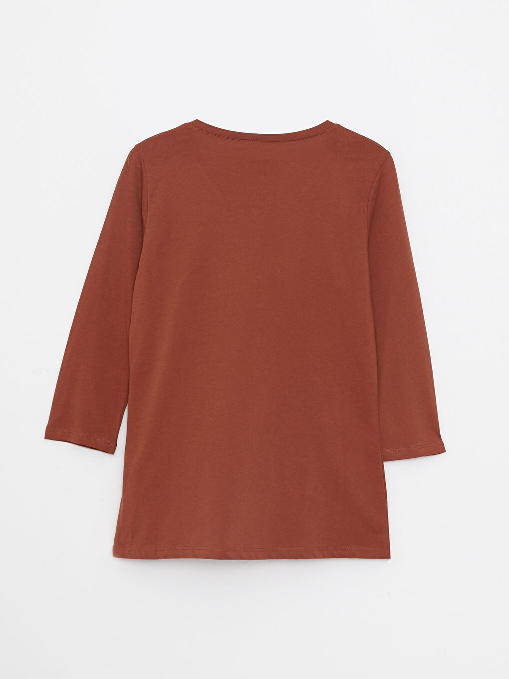 Kahverengi Bisiklet Yaka Düz Pamuklu Kadın Tişört-6