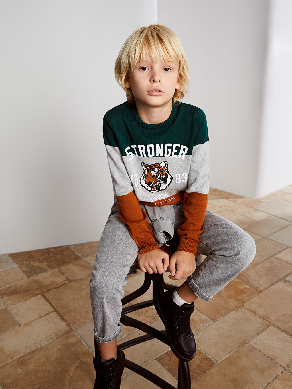 Yeşil Bisiklet Yaka Desenli Uzun Kollu Erkek Çocuk Triko Kazak