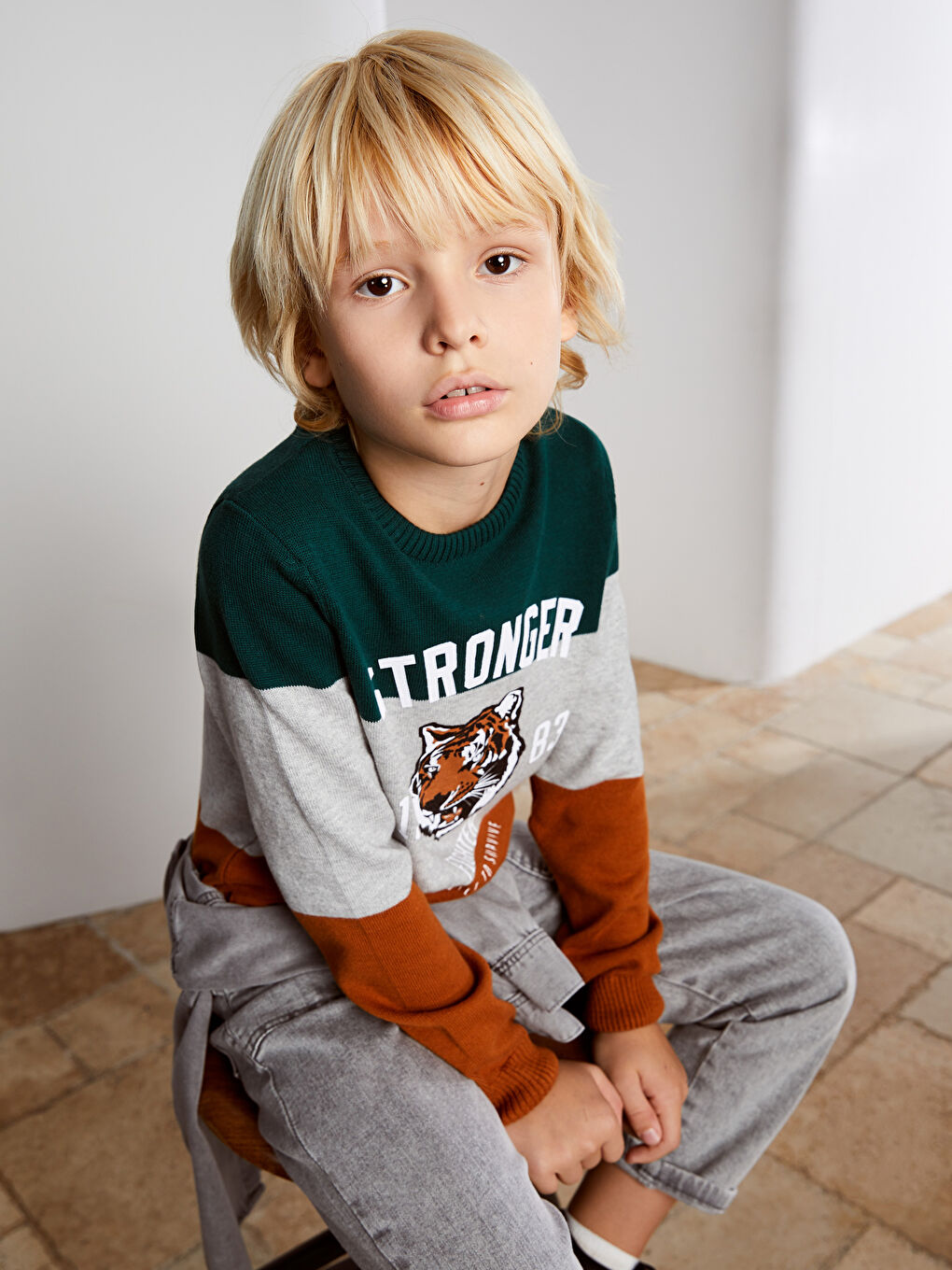 Yeşil Bisiklet Yaka Desenli Uzun Kollu Erkek Çocuk Triko Kazak-1