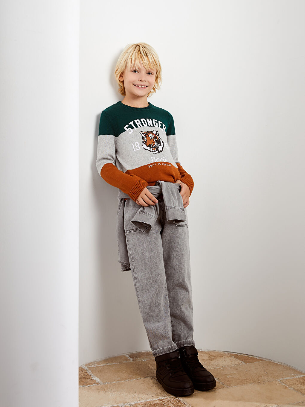 Yeşil Bisiklet Yaka Desenli Uzun Kollu Erkek Çocuk Triko Kazak-2