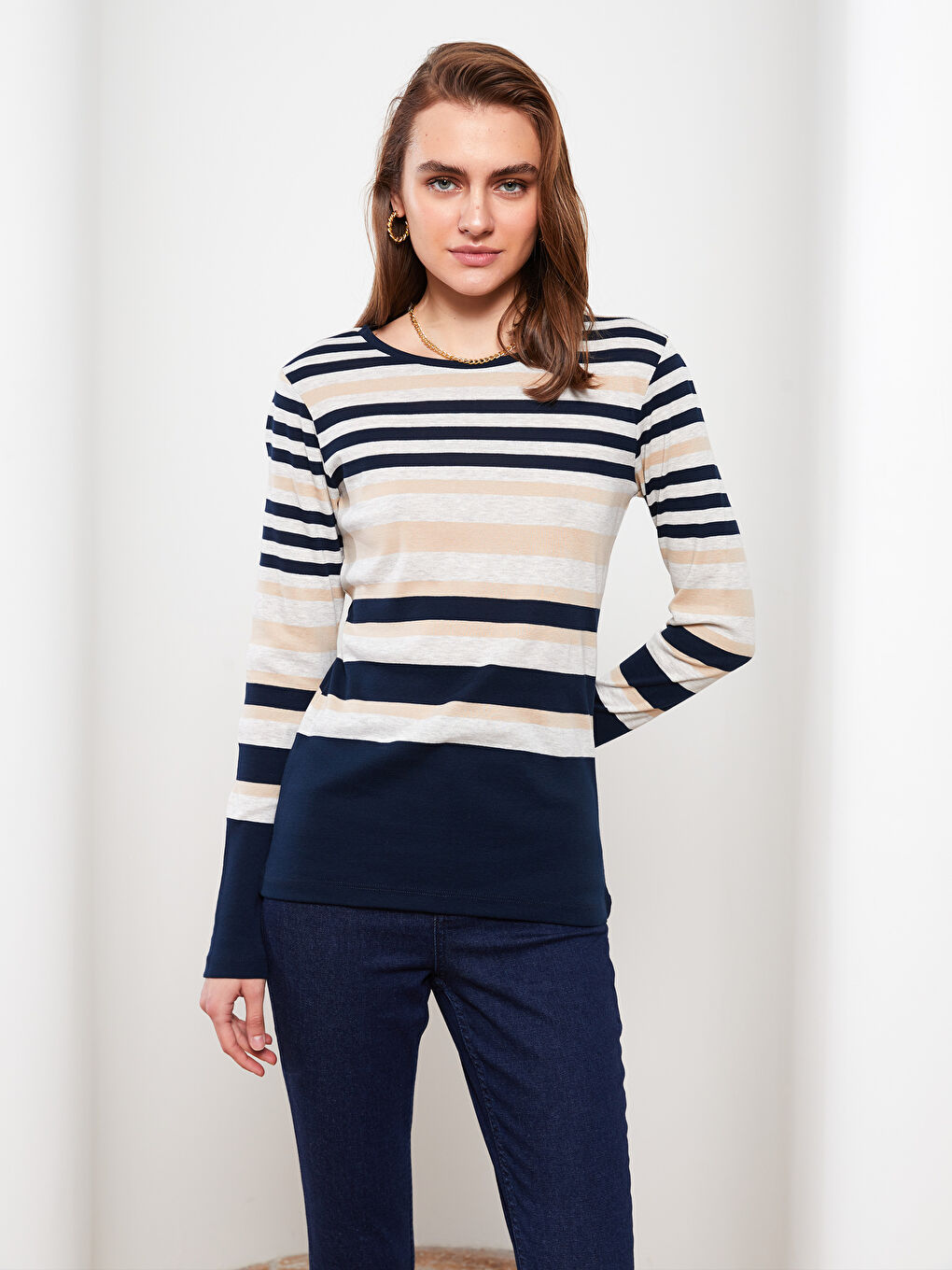 LCWAIKIKI Basic Crew Neck Striped Long Sleeve Women's Body -W25246Z8-LE8