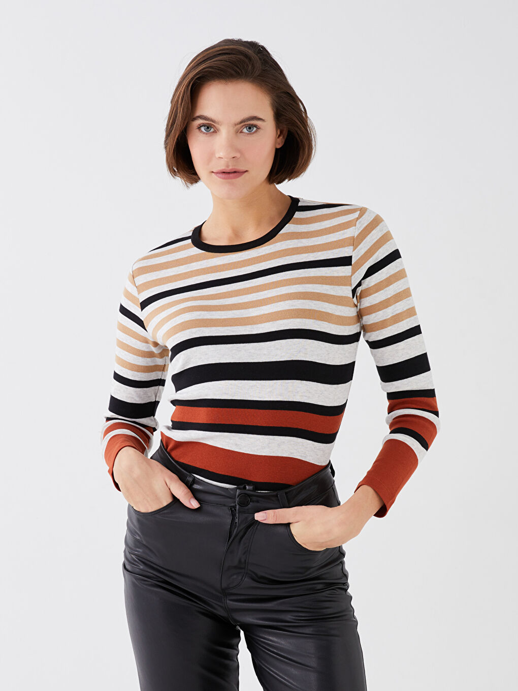 Kahverengi Bisiklet Yaka Çizgili Uzun Kollu Kadın Body