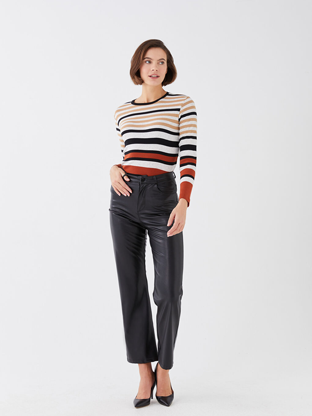 Kahverengi Bisiklet Yaka Çizgili Uzun Kollu Kadın Body-1