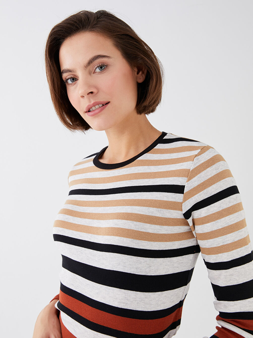 Kahverengi Bisiklet Yaka Çizgili Uzun Kollu Kadın Body-2
