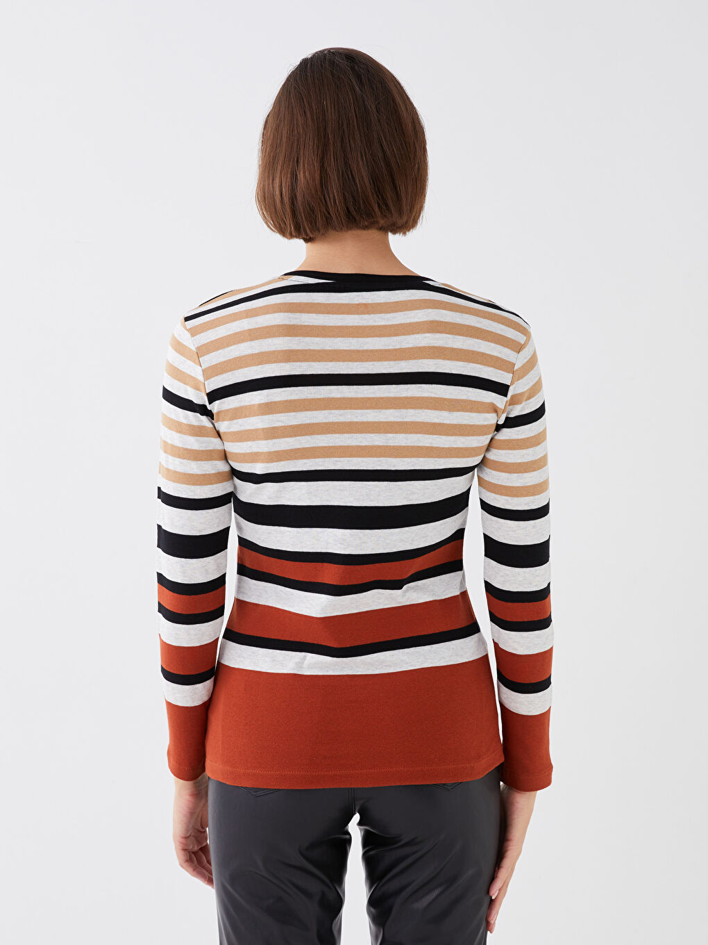 Kahverengi Bisiklet Yaka Çizgili Uzun Kollu Kadın Body-4